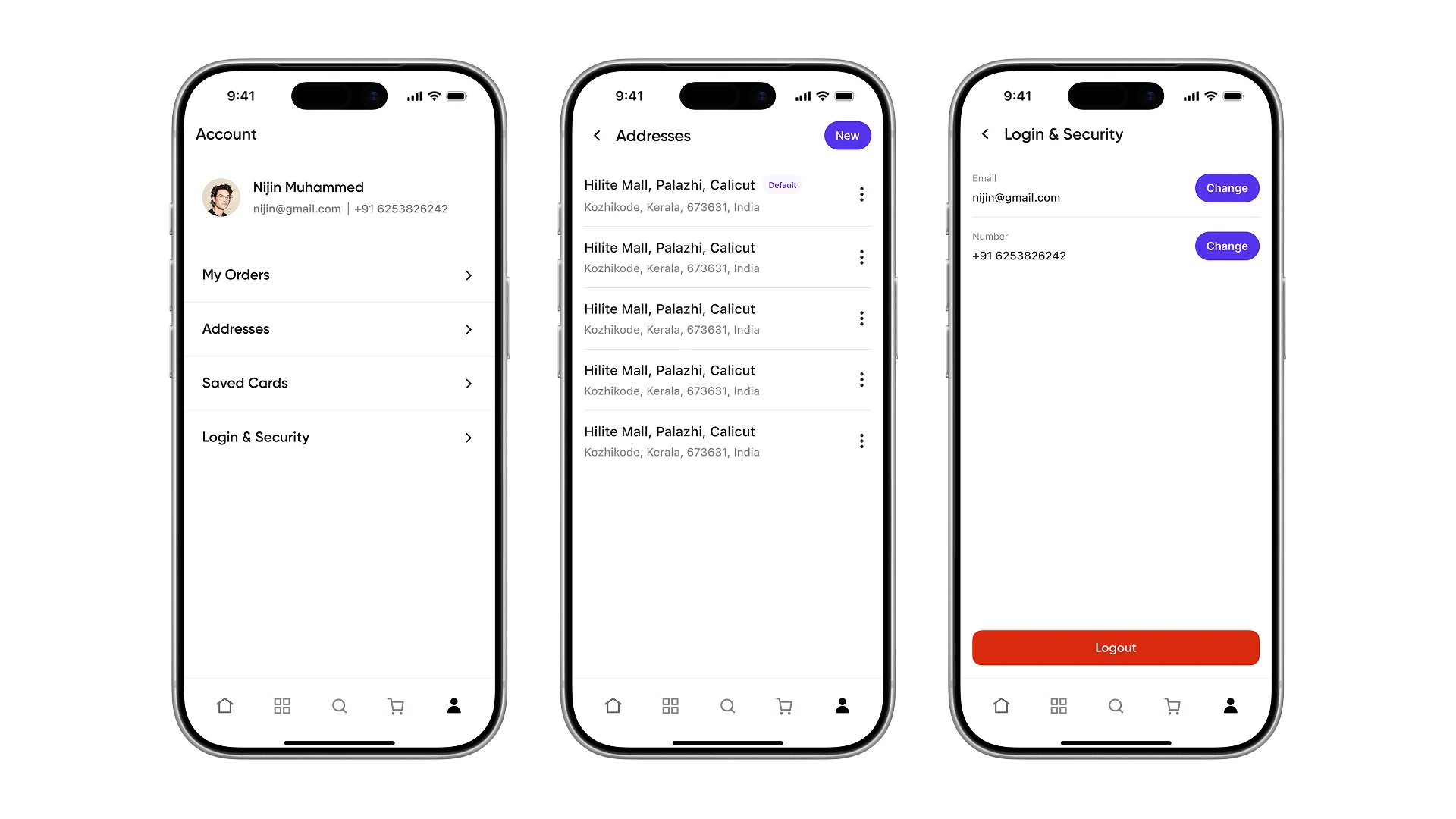 The account screen, the saved addresses list and the login and security screen