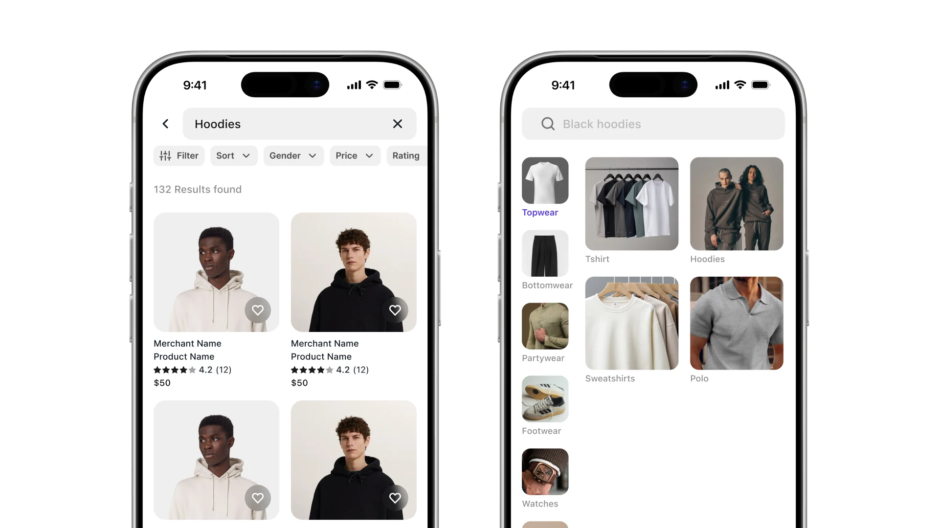 A filtered listing of hoodies with filter and sort controls, beside a category browse screen
