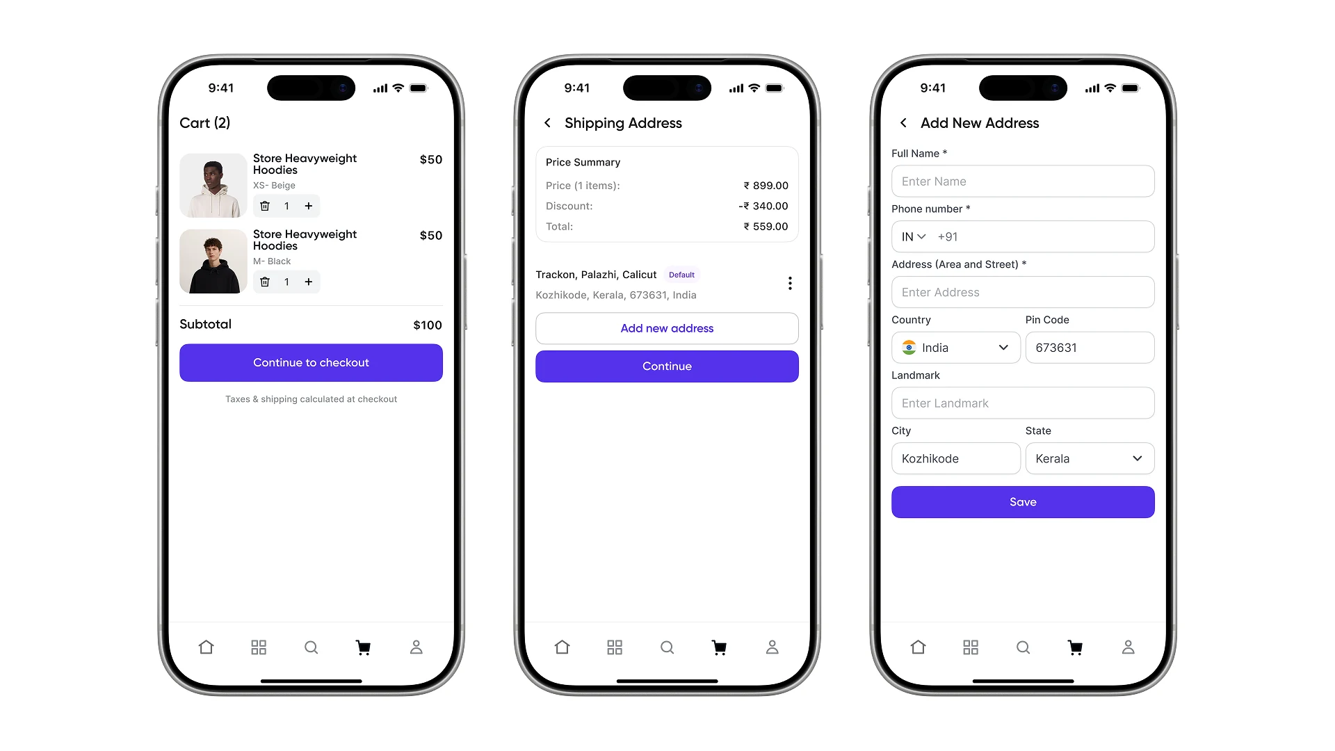 The cart, the shipping address screen and the add new address form