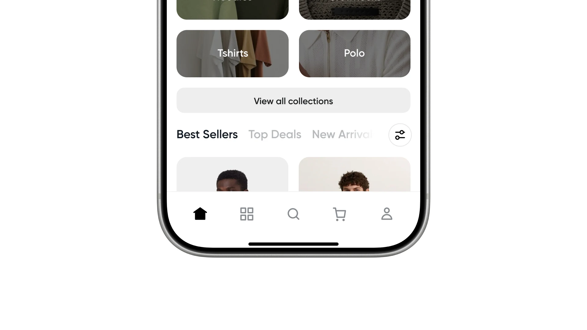 The app home screen with collection tiles, a best sellers row and the bottom tab bar