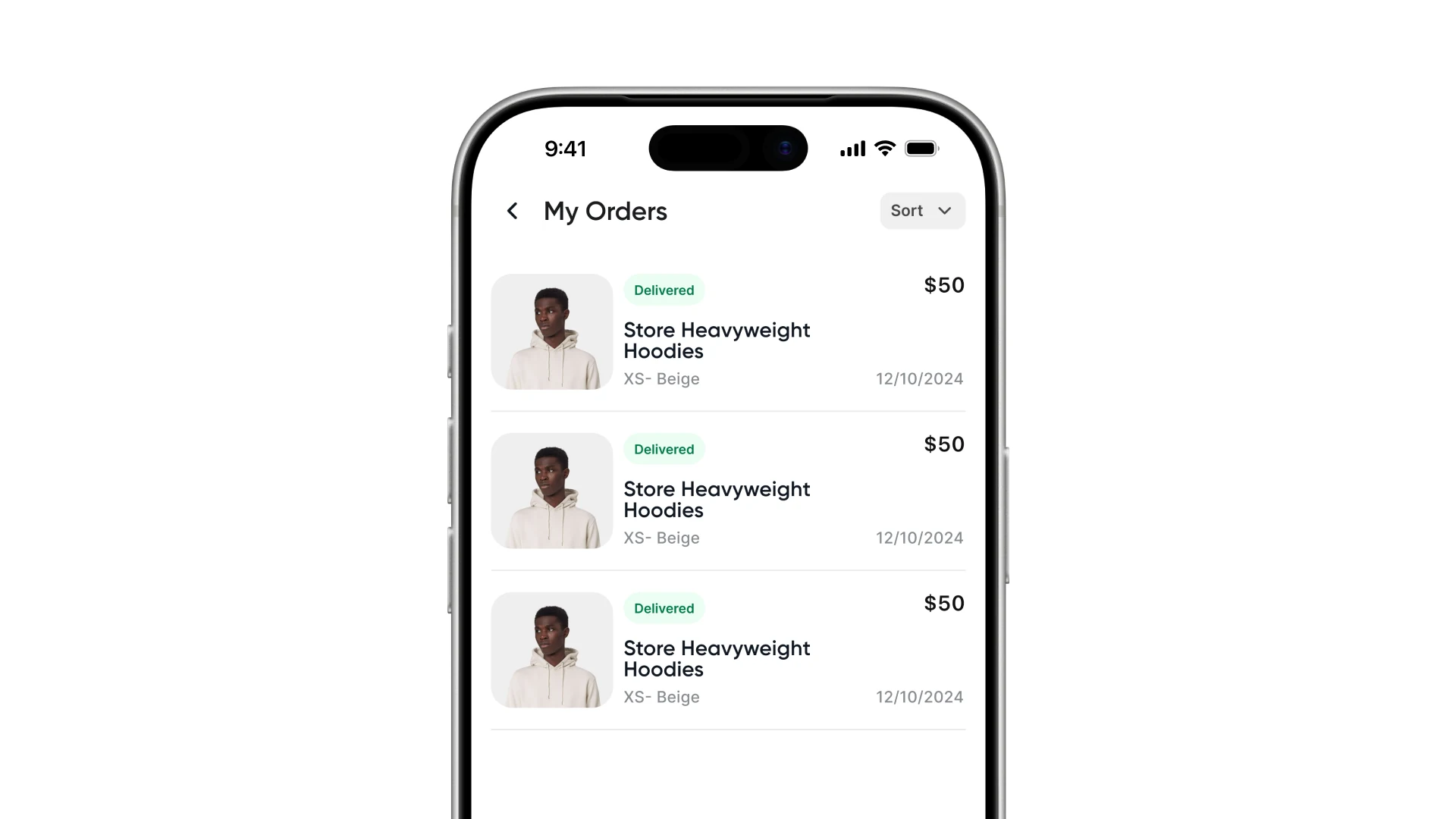 The my orders screen listing delivered orders with prices and dates