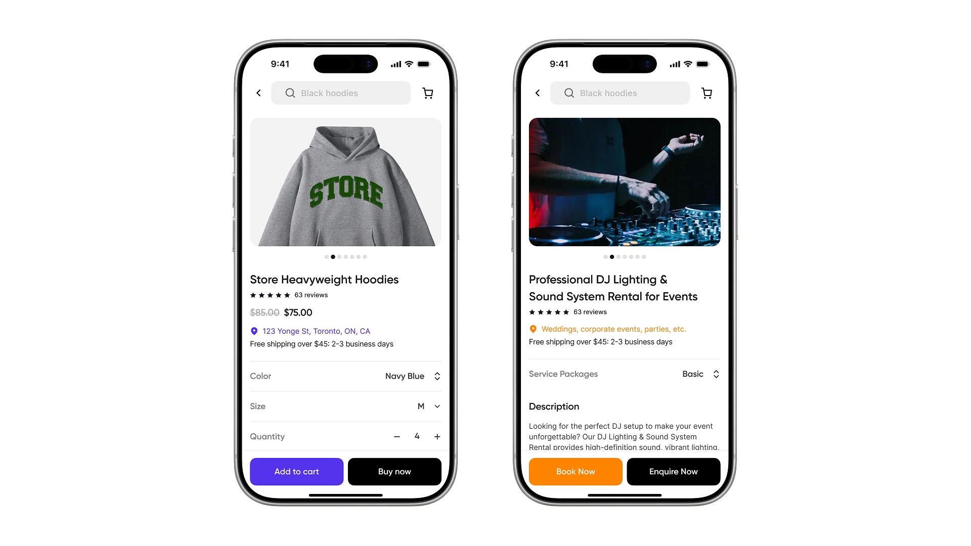 A hoodie product page with add to cart and buy now, beside a DJ equipment rental page with book now and enquire now