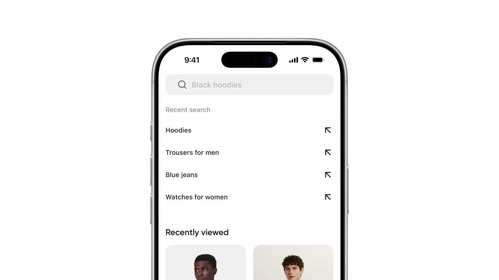 The search screen with recent searches and a recently viewed row