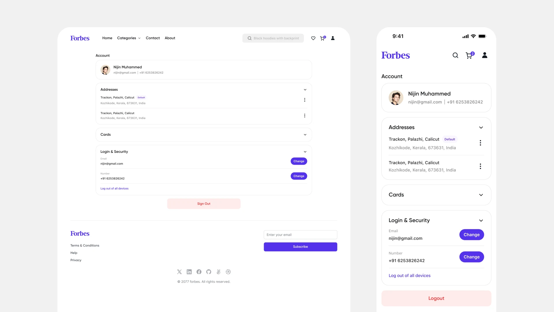 The account page on desktop and phone with personal details, saved addresses, cards and login security