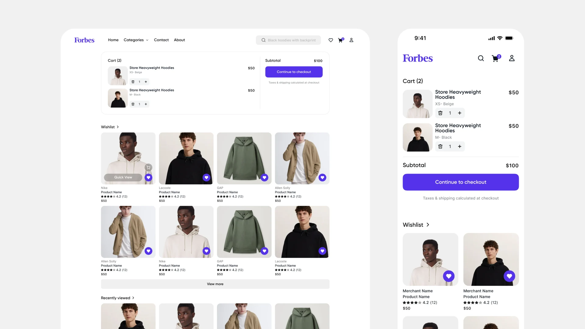 The product grid with the cart open as a side panel listing items, the subtotal and a continue to checkout button