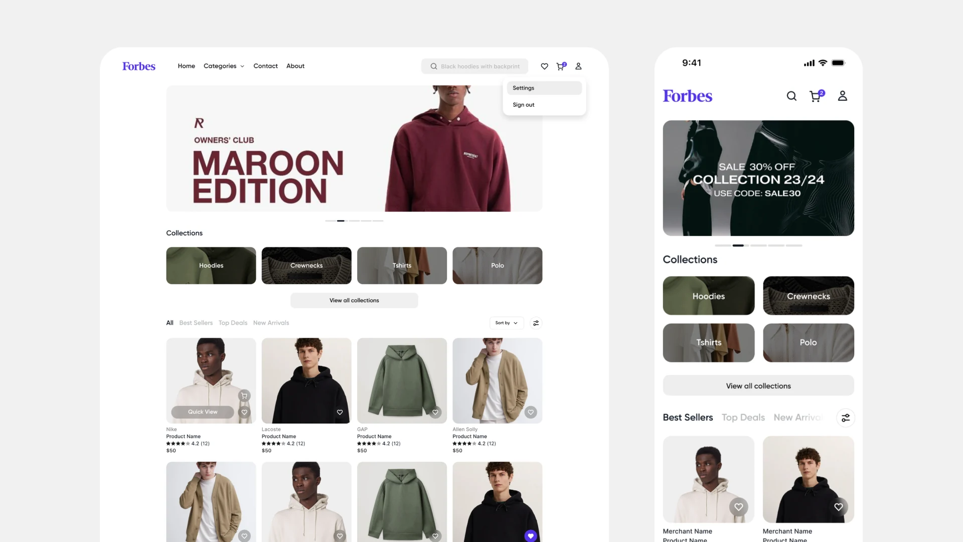 The storefront home page in a desktop browser and on a phone: a seasonal banner, a collections row and a product grid