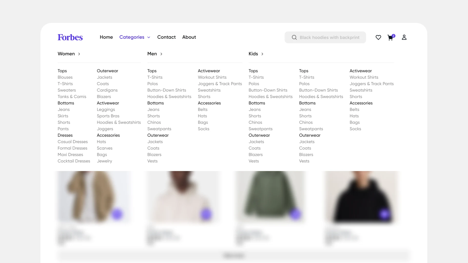 The categories mega menu showing Women, Men and Kids as columns of tops, outerwear, activewear, bottoms and accessories