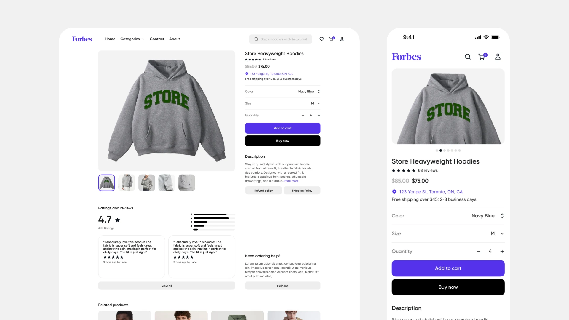A product page on desktop and phone: gallery, price, rating, size and colour, and the add to cart button