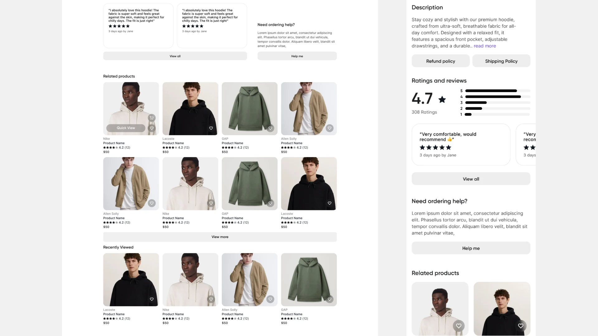 The product description, the ratings breakdown, the need-ordering-help panel and a row of related products