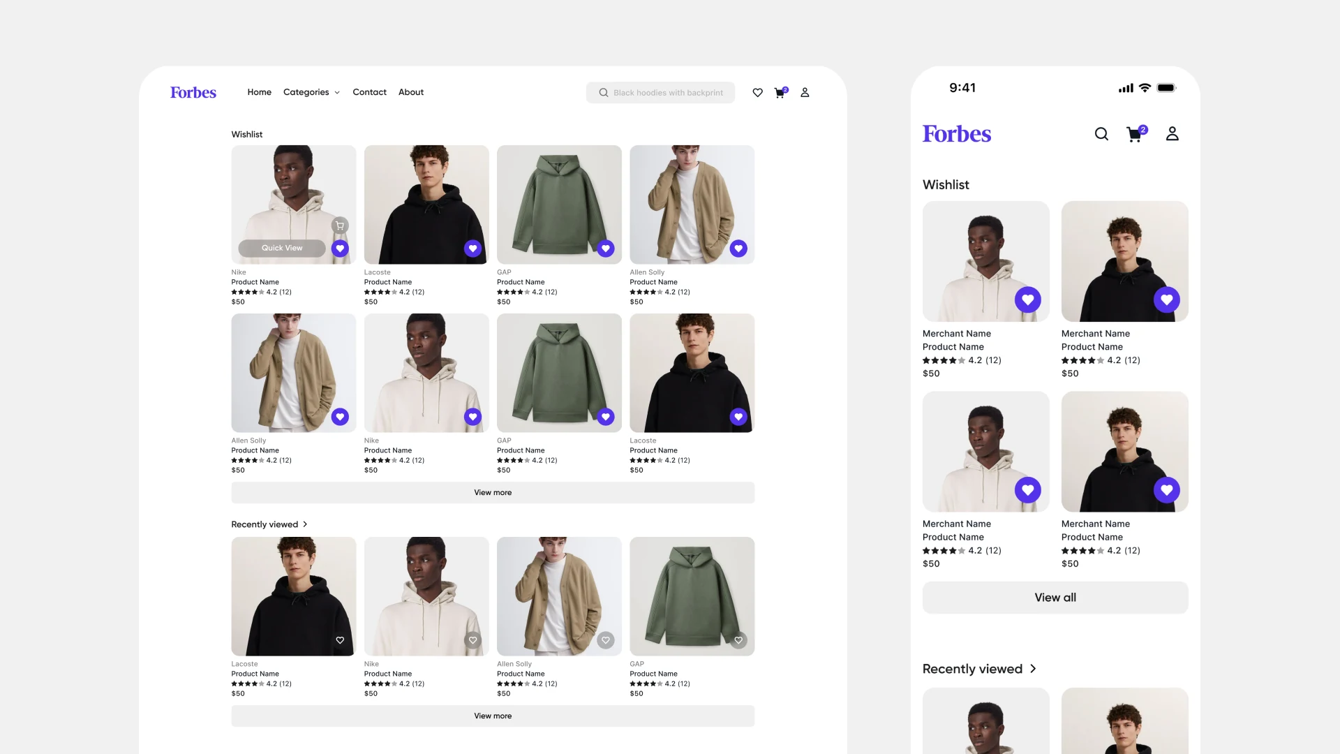The grid with the wishlist panel open, showing saved items and recently viewed