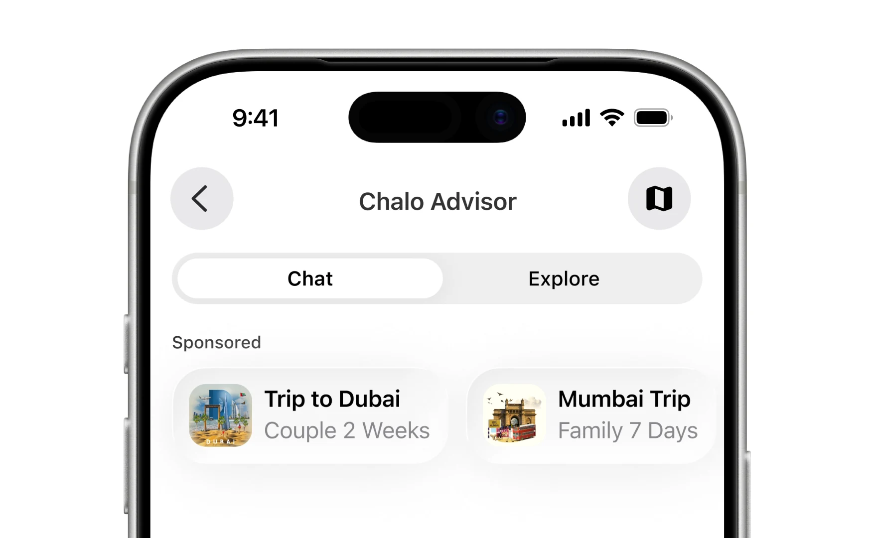 The advisor header with the Chat and Explore toggle above two sponsored trip cards
