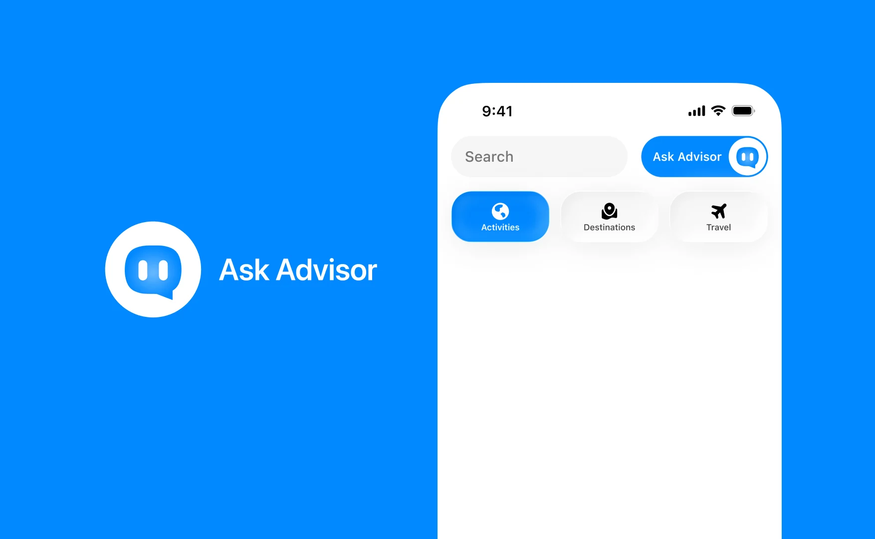 The Ask Advisor mark on blue, beside the home header where the Ask Advisor pill sits next to the search field