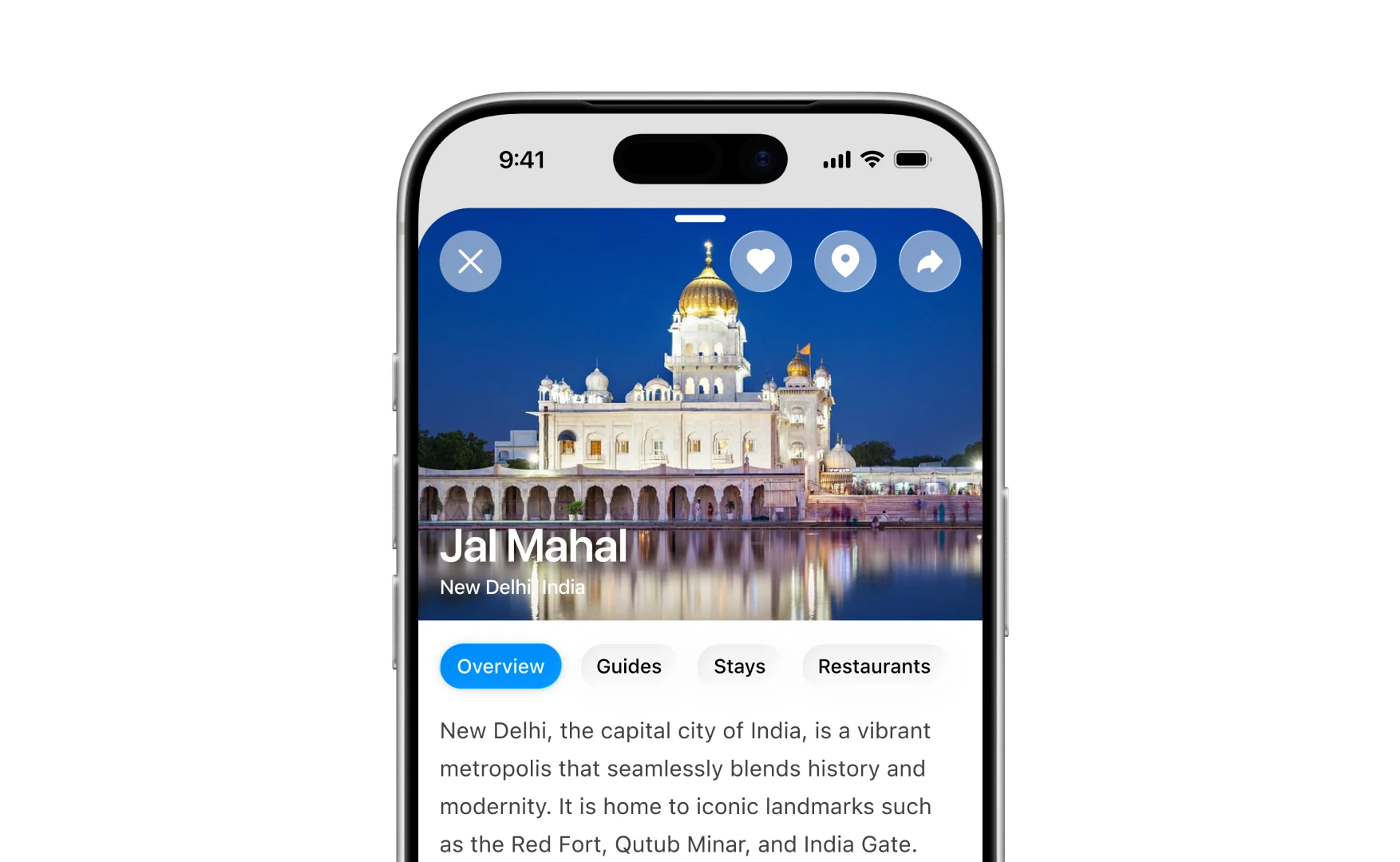 A destination sheet for Jal Mahal with Overview, Guides, Stays and Restaurants tabs over a full-width photograph