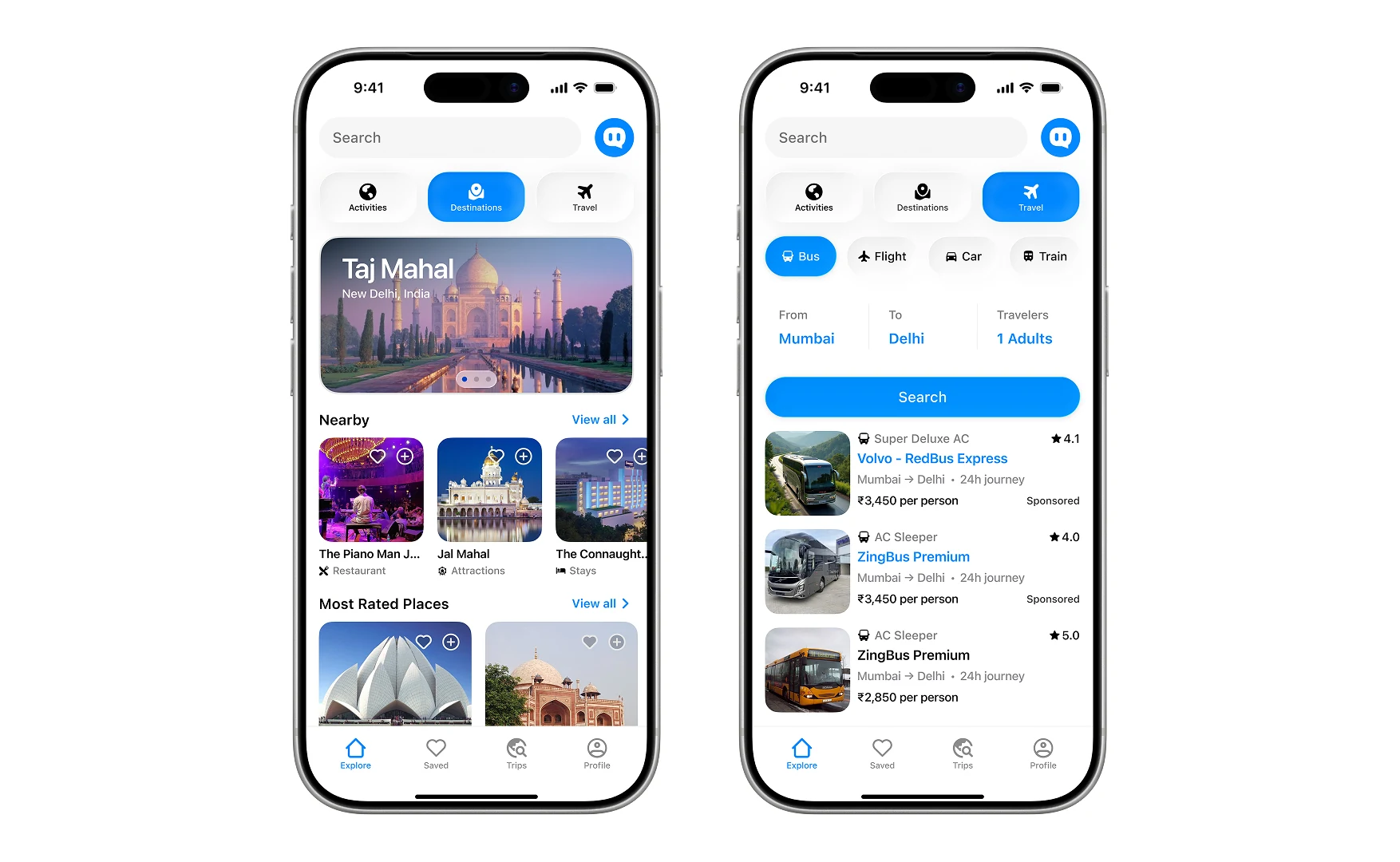 The Destinations tab with a Taj Mahal hero, beside the Travel tab showing a bus search