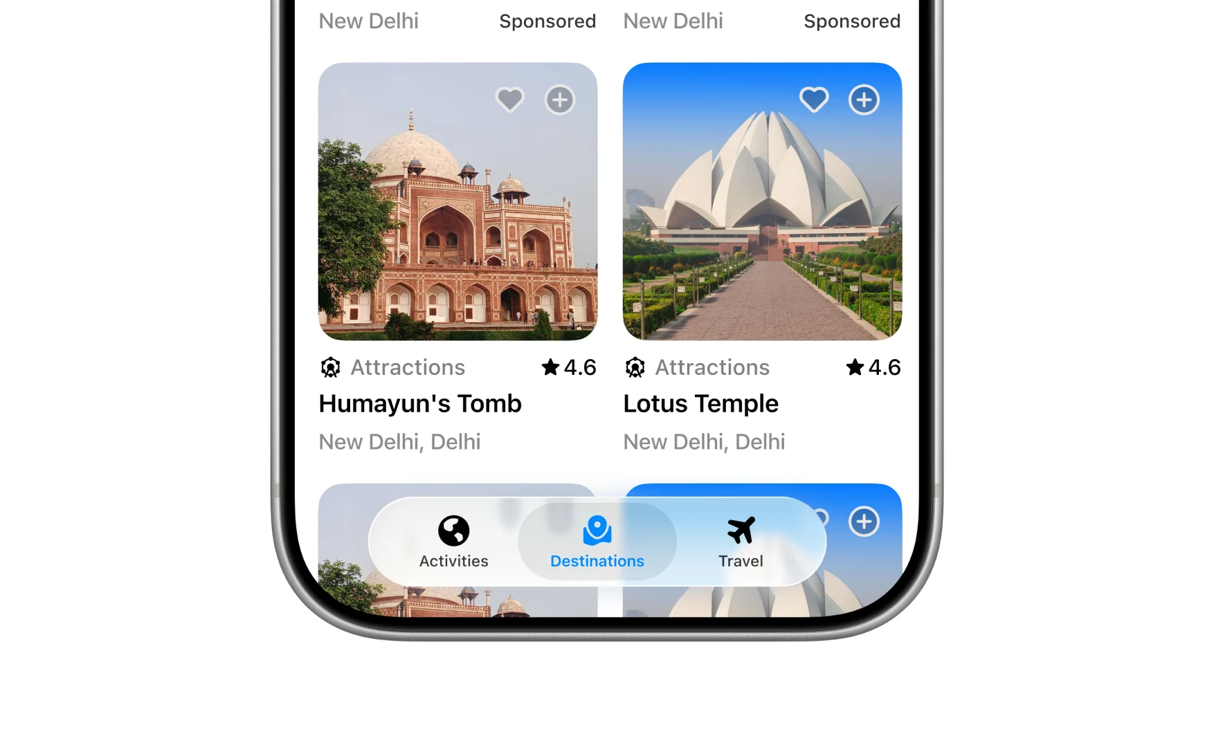 Attraction cards for Humayun’s Tomb and the Lotus Temple, each with a heart and a plus