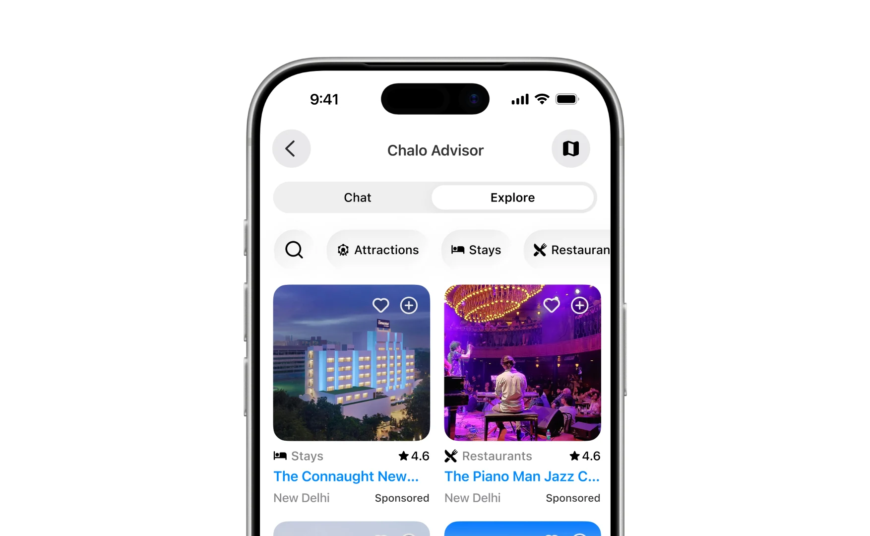 The Explore tab with category chips and rated result cards for stays and restaurants