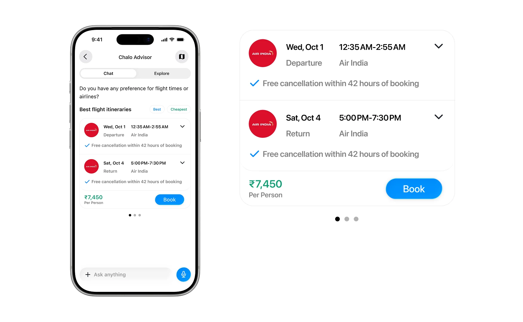 The flight itinerary card enlarged beside the chat, showing both legs, free cancellation, the price and the Book button