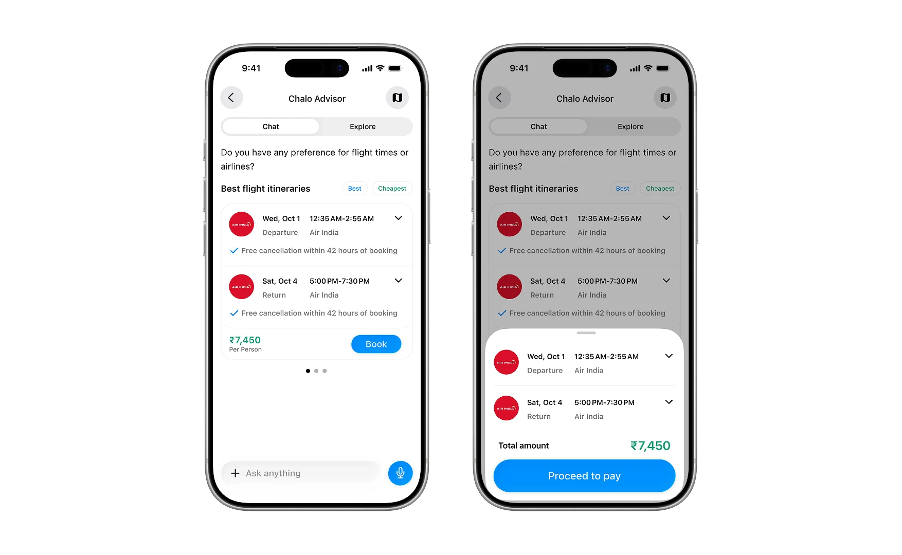 Flight itineraries inside the chat with Best and Cheapest options, and the payment sheet showing the total