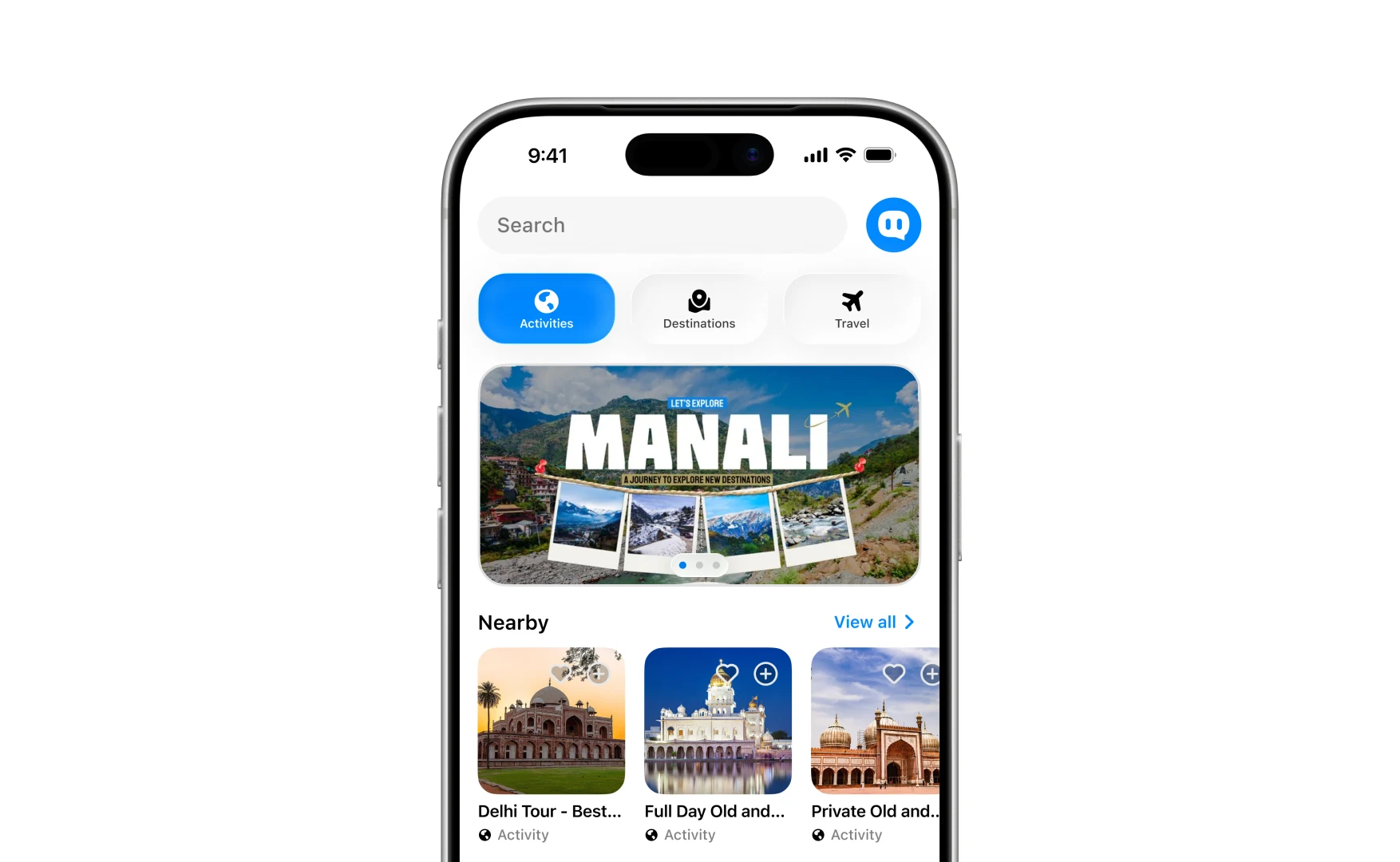 Chalo home on the Activities tab: search, three category tabs, a Manali banner and a Nearby row