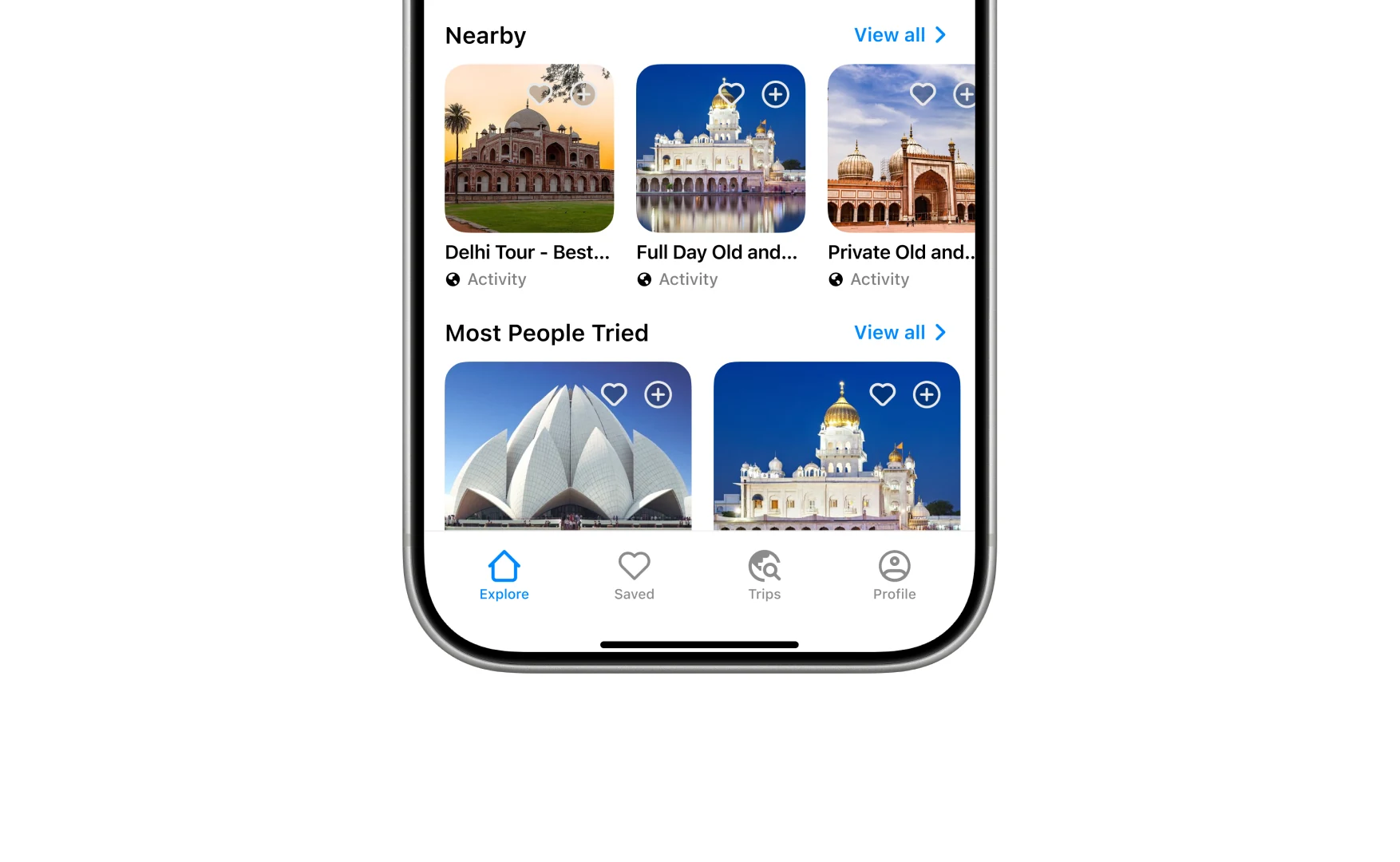 The Nearby and Most People Tried rows, with the Explore, Saved, Trips and Profile tab bar