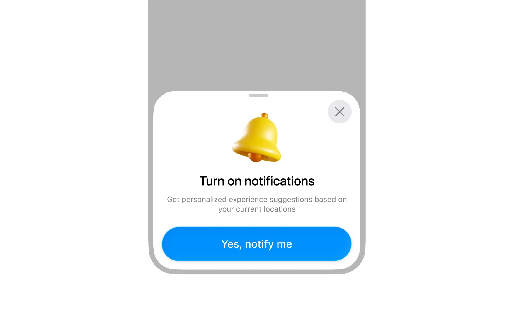 A notifications permission sheet explaining that suggestions are based on current location