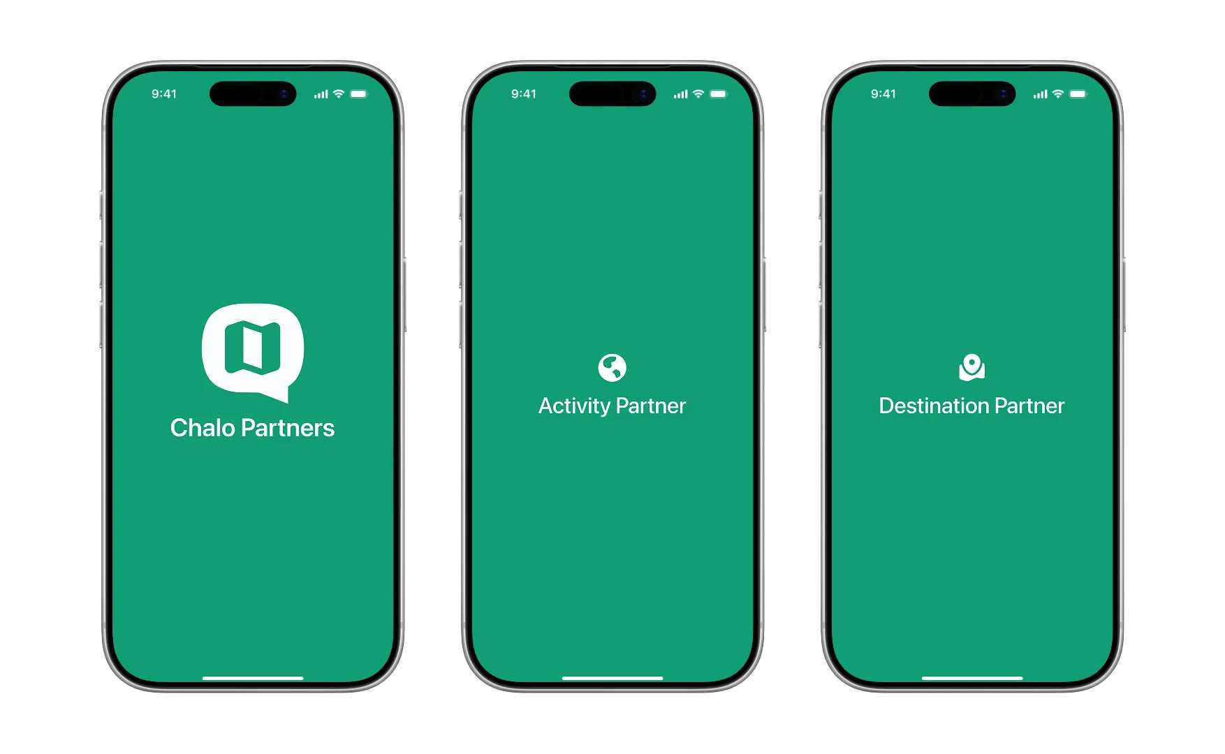 The Chalo Partners splash in green, with the Activity Partner and Destination Partner variants
