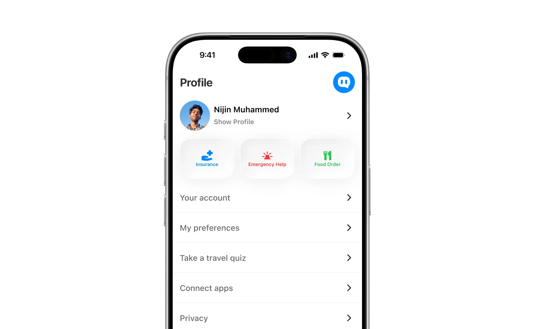The profile screen with insurance, emergency help and food order shortcuts above account settings
