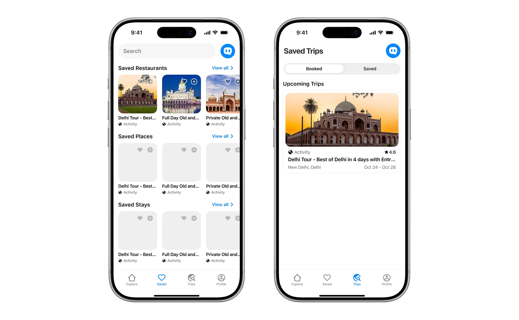 Saved restaurants, places and stays, beside the Trips screen with an upcoming booked trip