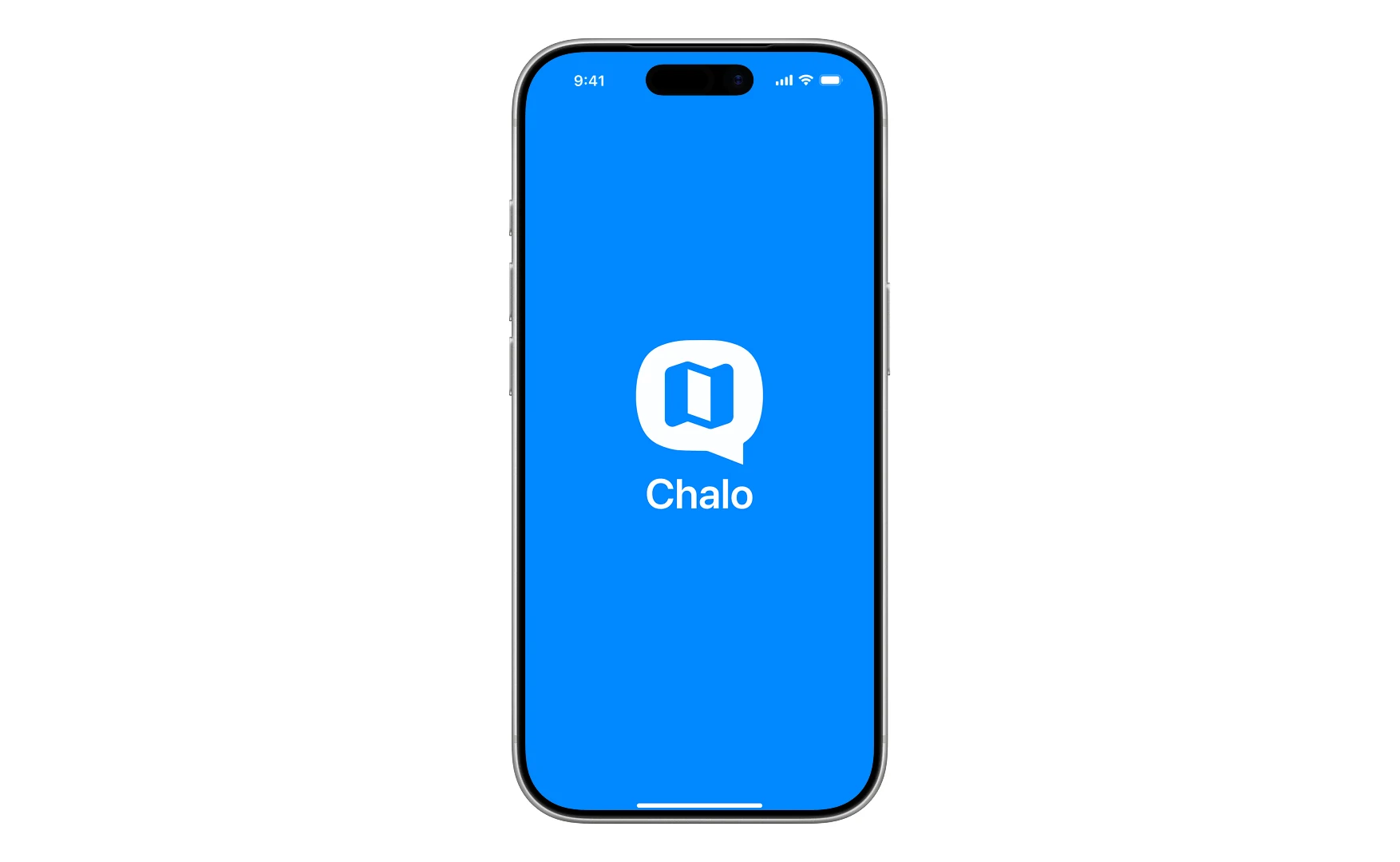 The Chalo splash screen: a white map-in-a-speech-bubble mark on blue