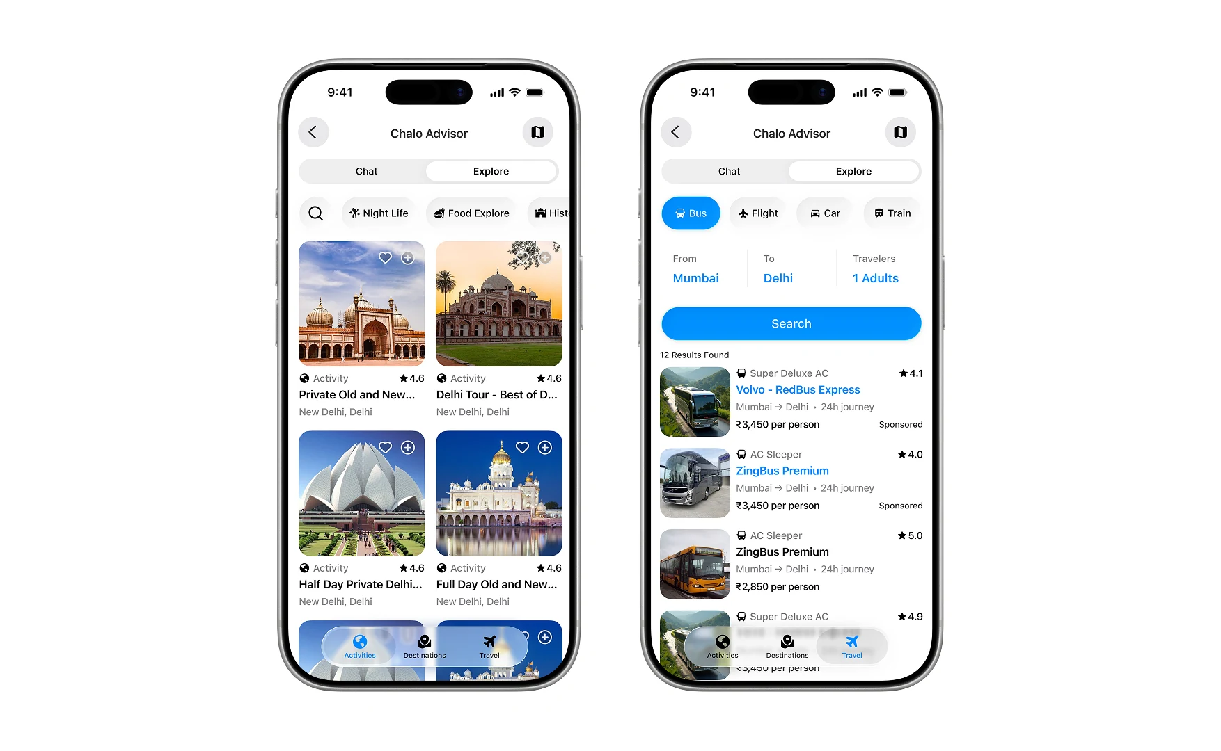 Activity category chips beside the travel search with bus results, prices and sponsored labels