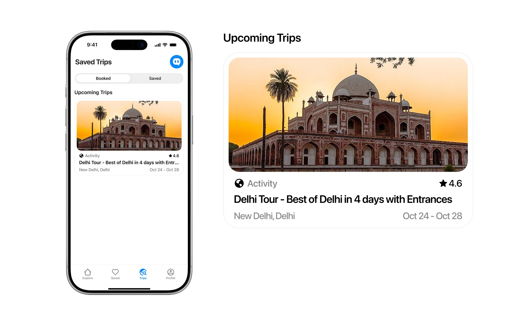 The Trips screen beside an enlarged upcoming trip card showing a rated Delhi tour and its dates