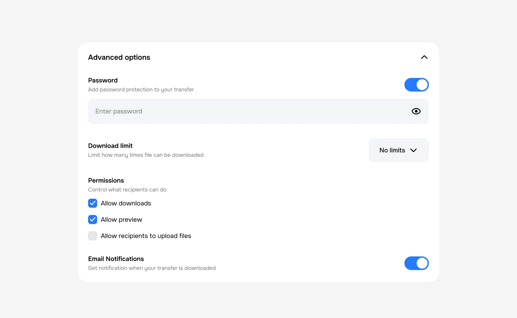 Advanced options: password protection, download limit, recipient permissions, and email notifications