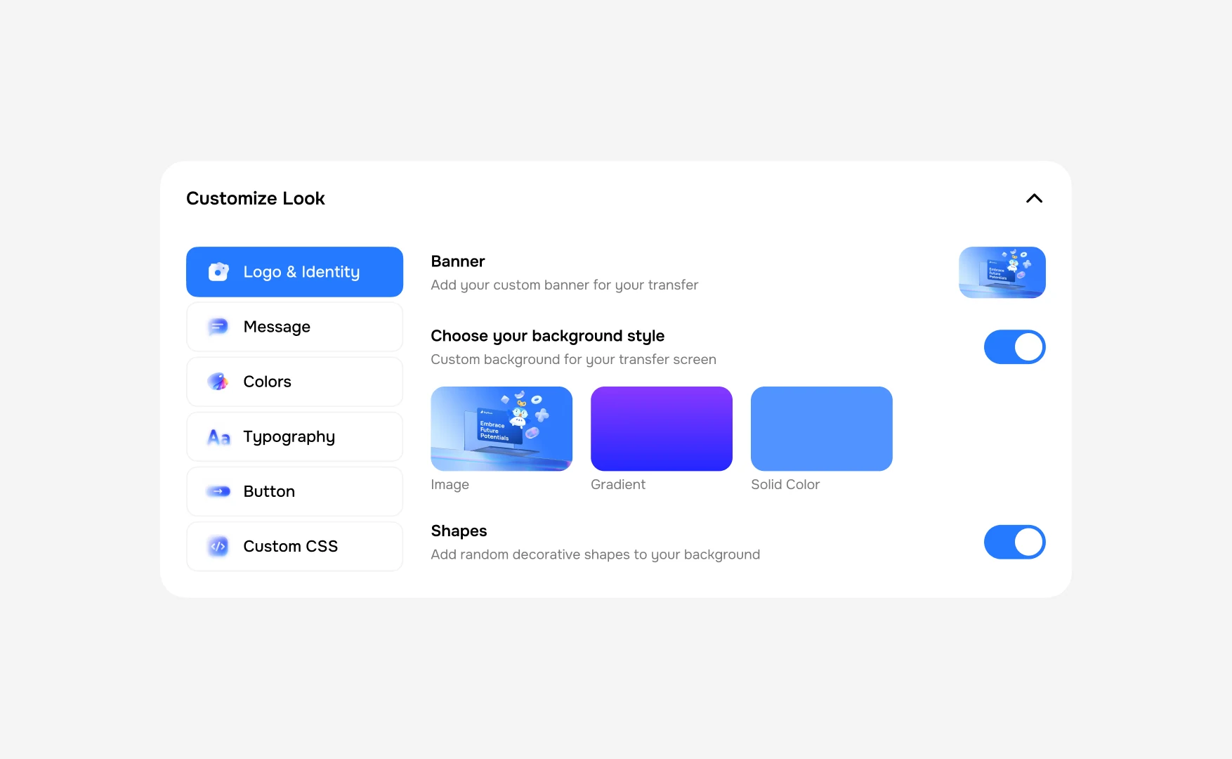 The customise panel with logo and identity, message, colours, typography, button and custom CSS, over background style choices