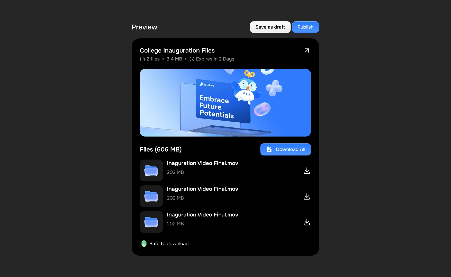 The recipient page in dark mode, the banner and download button unchanged