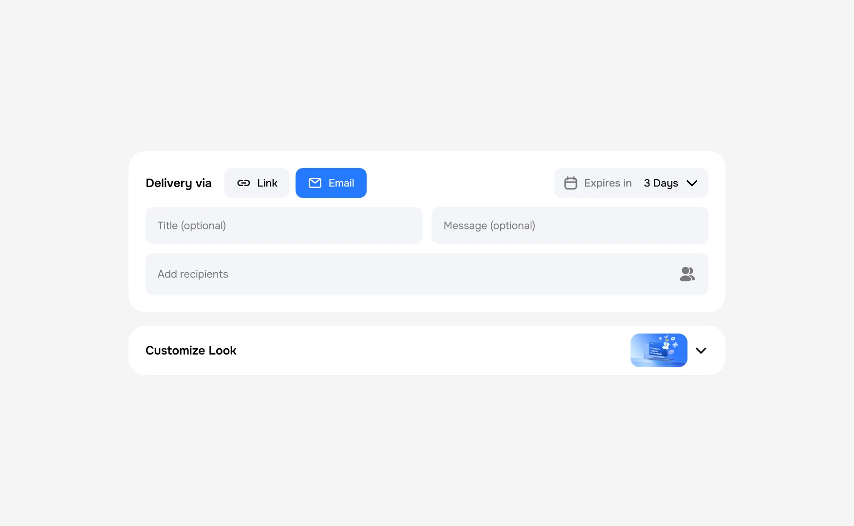 Delivery options: link or email, a title and message, recipients, and an expiry of three days