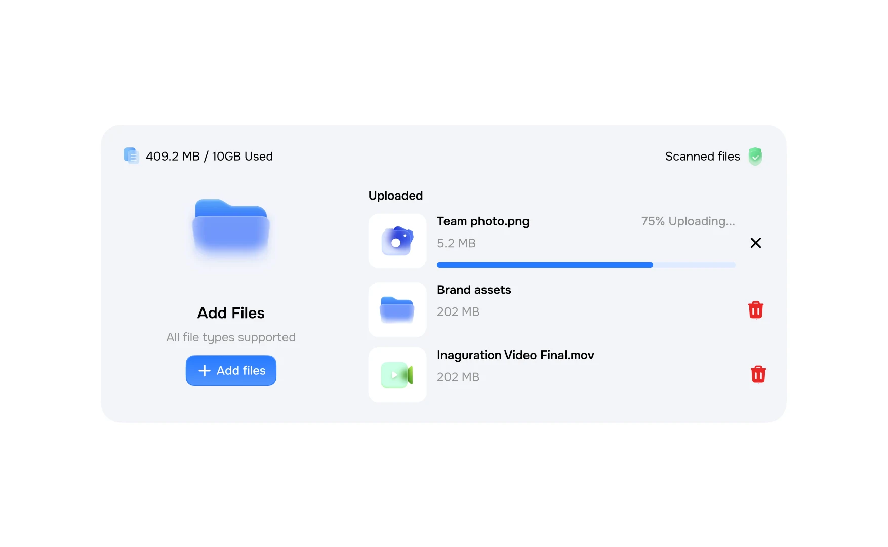 The upload card showing 409.2 MB of 10GB used, a file uploading at 75 per cent, and two finished files