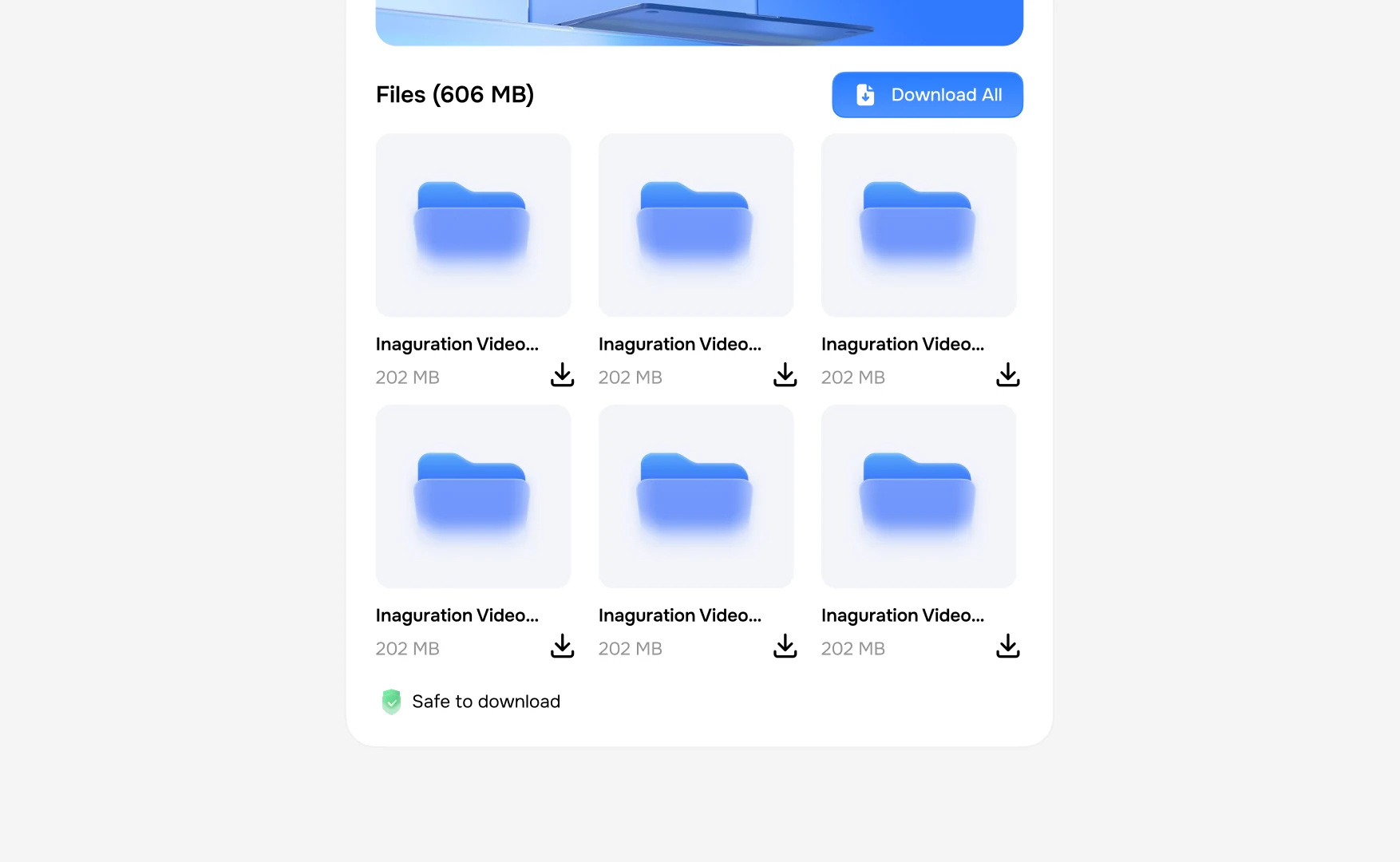 The same page with the files as a grid of six tiles, each with its size and a download button