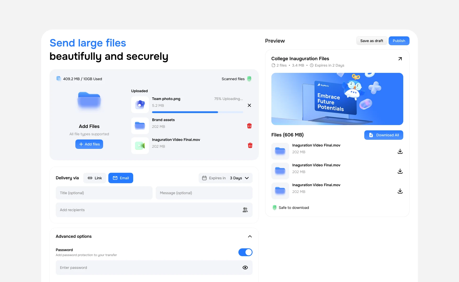 The send screen with uploads, delivery and advanced options on the left and a live preview of the recipient page on the right