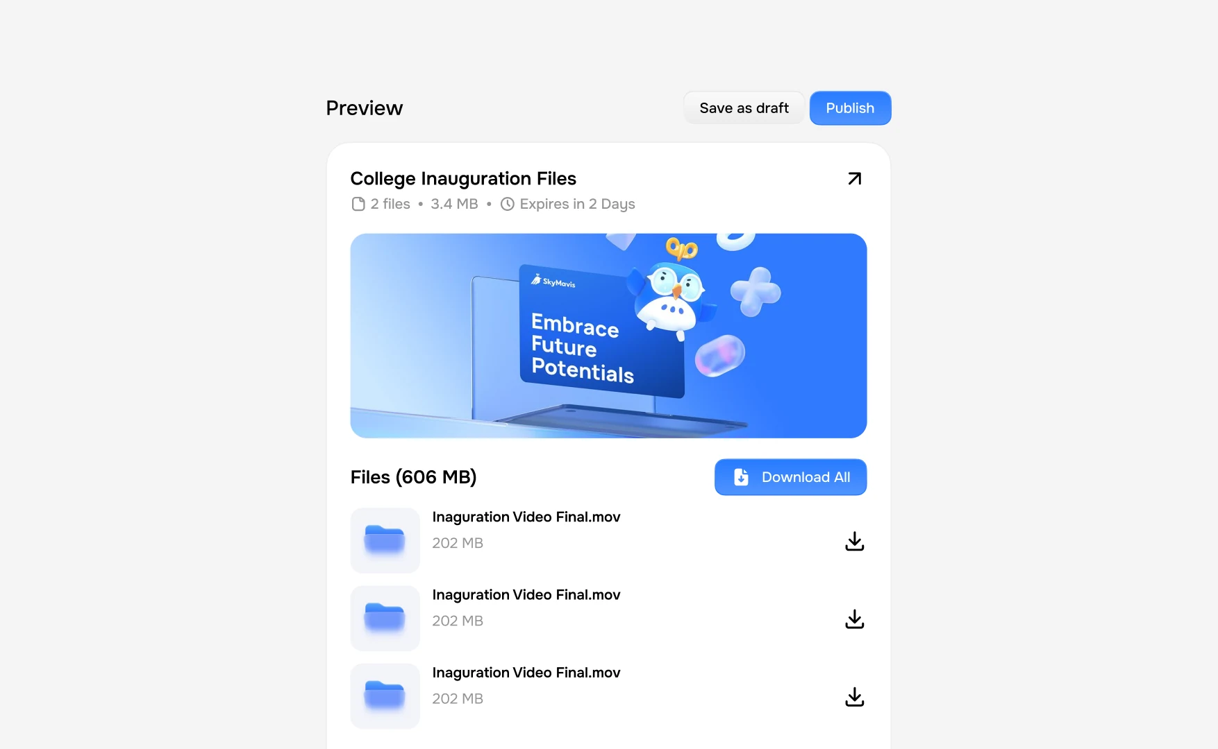 The recipient page with the transfer title, file count and expiry, a banner image, the file list and a download all button