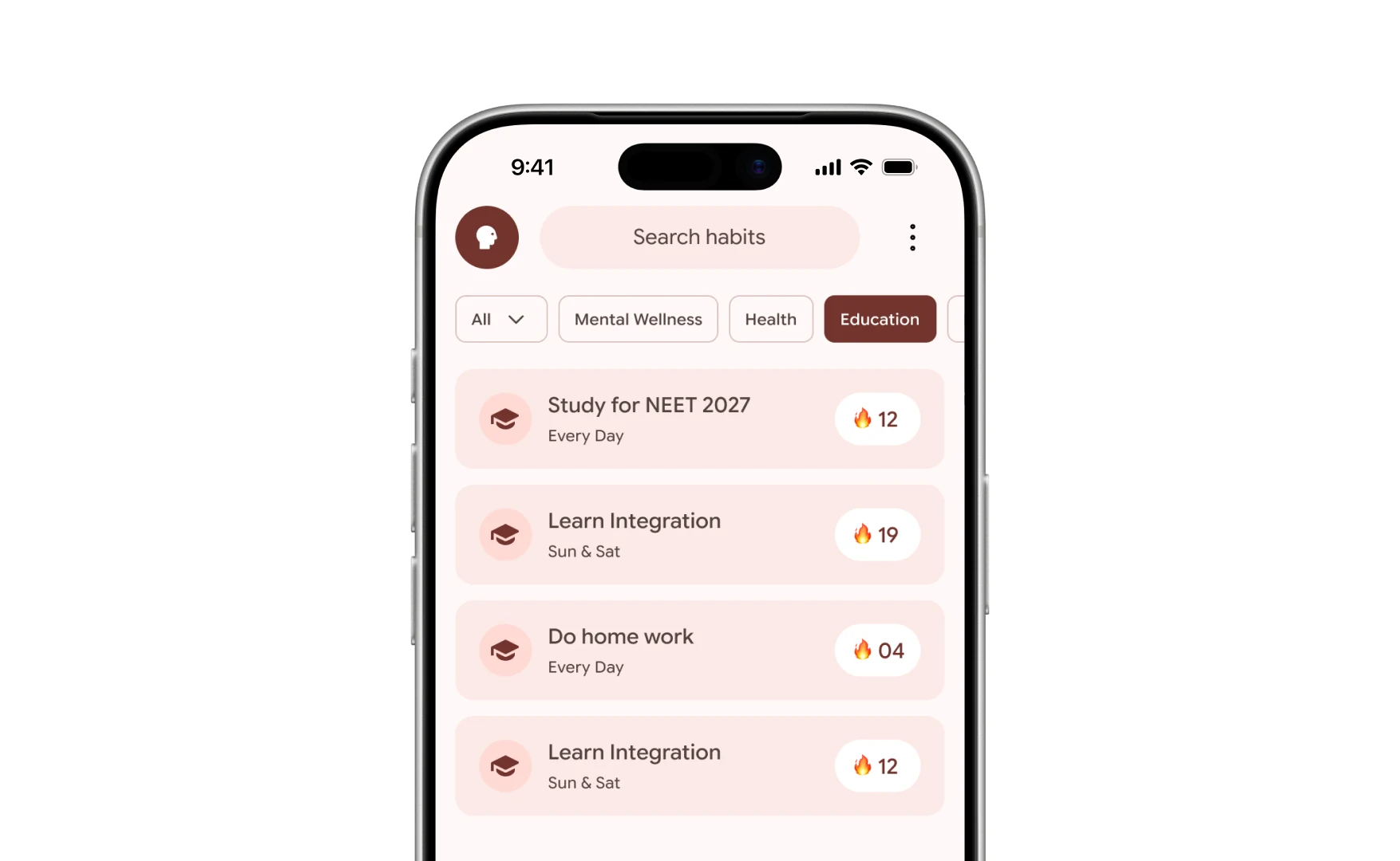 The habit list filtered to the Education category, four habits each with a flame streak count