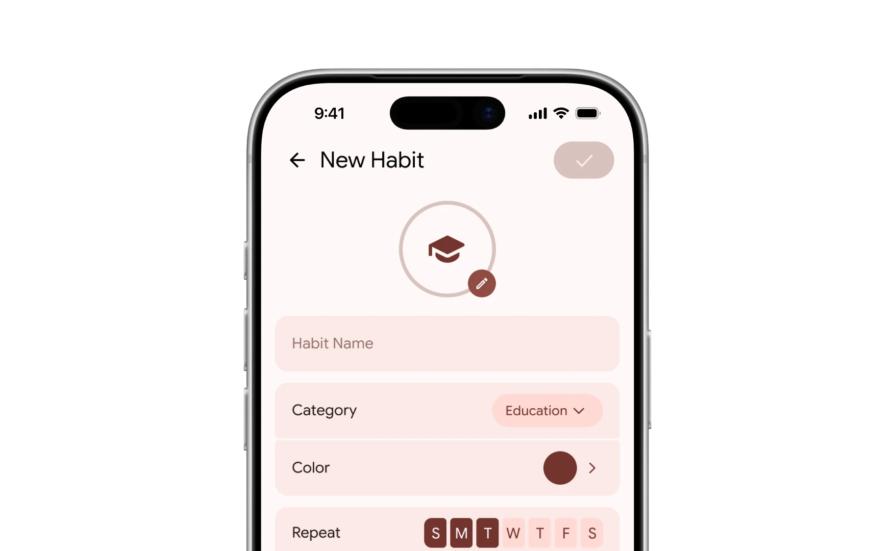 The new habit form: icon, name, category, colour, repeat days, frequency, reminder and streak goal