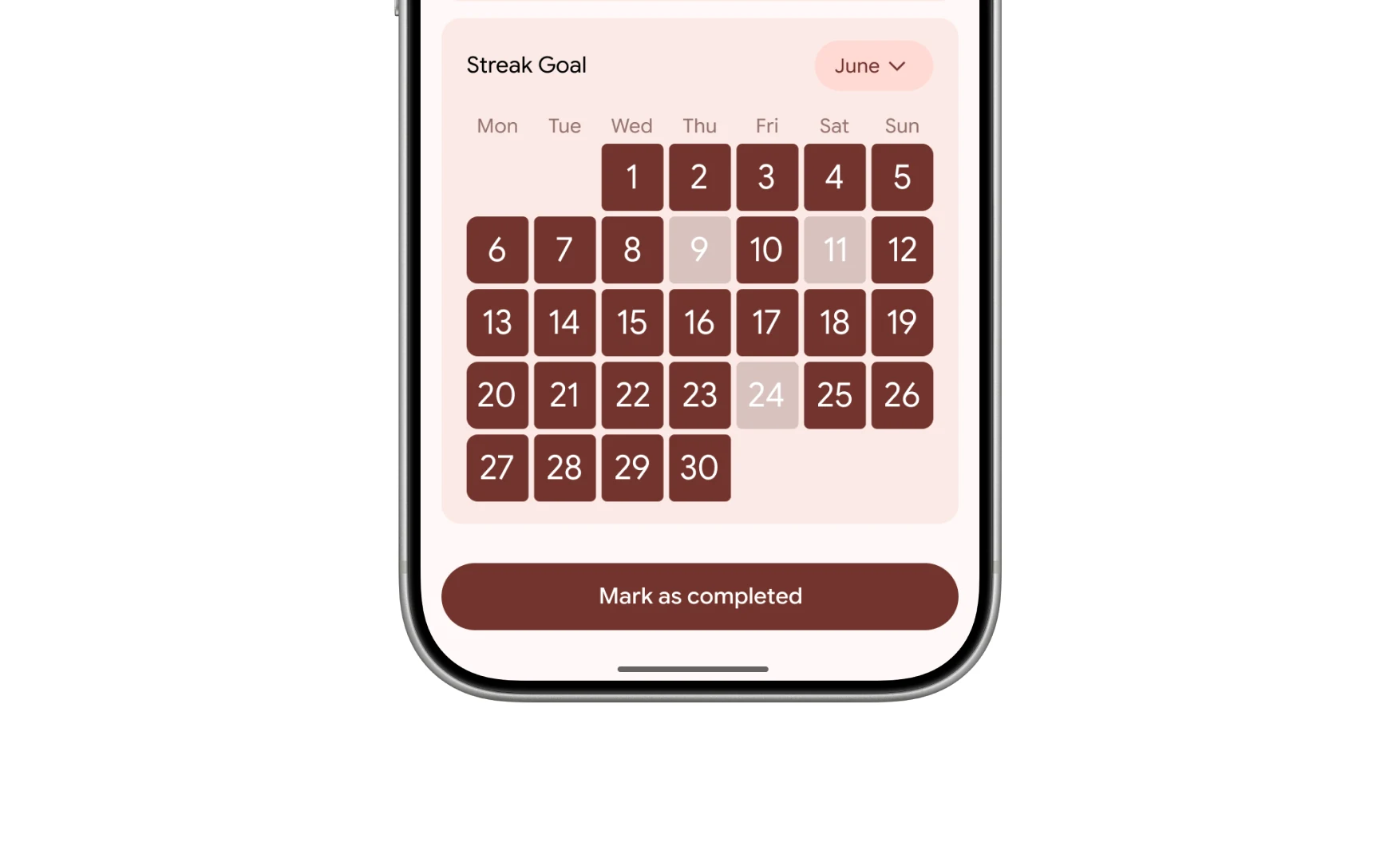 The month calendar on a habit, completed days filled and two missed days pale, with the mark as completed button beneath
