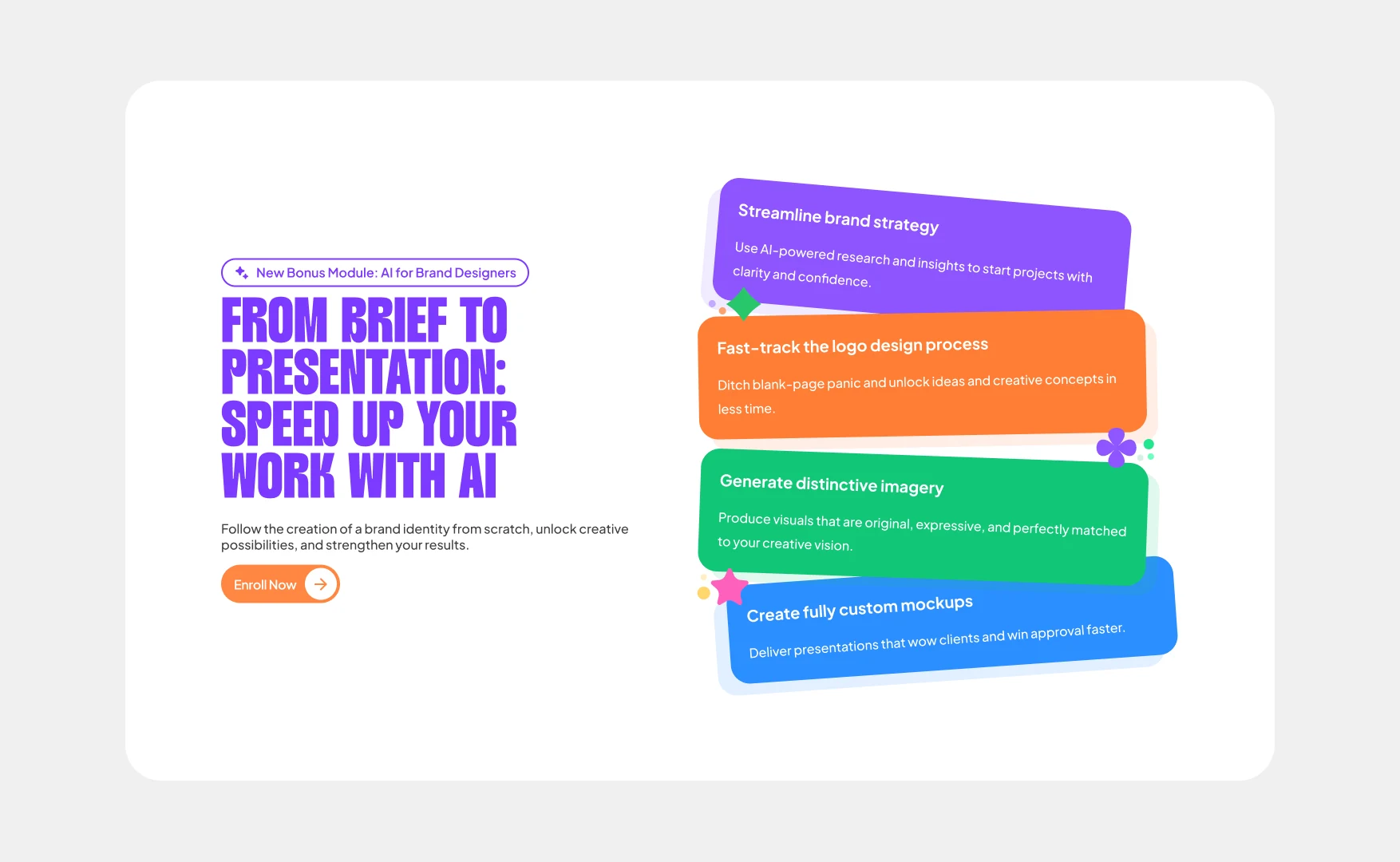 The AI bonus module section, with four stacked colour cards describing what it covers