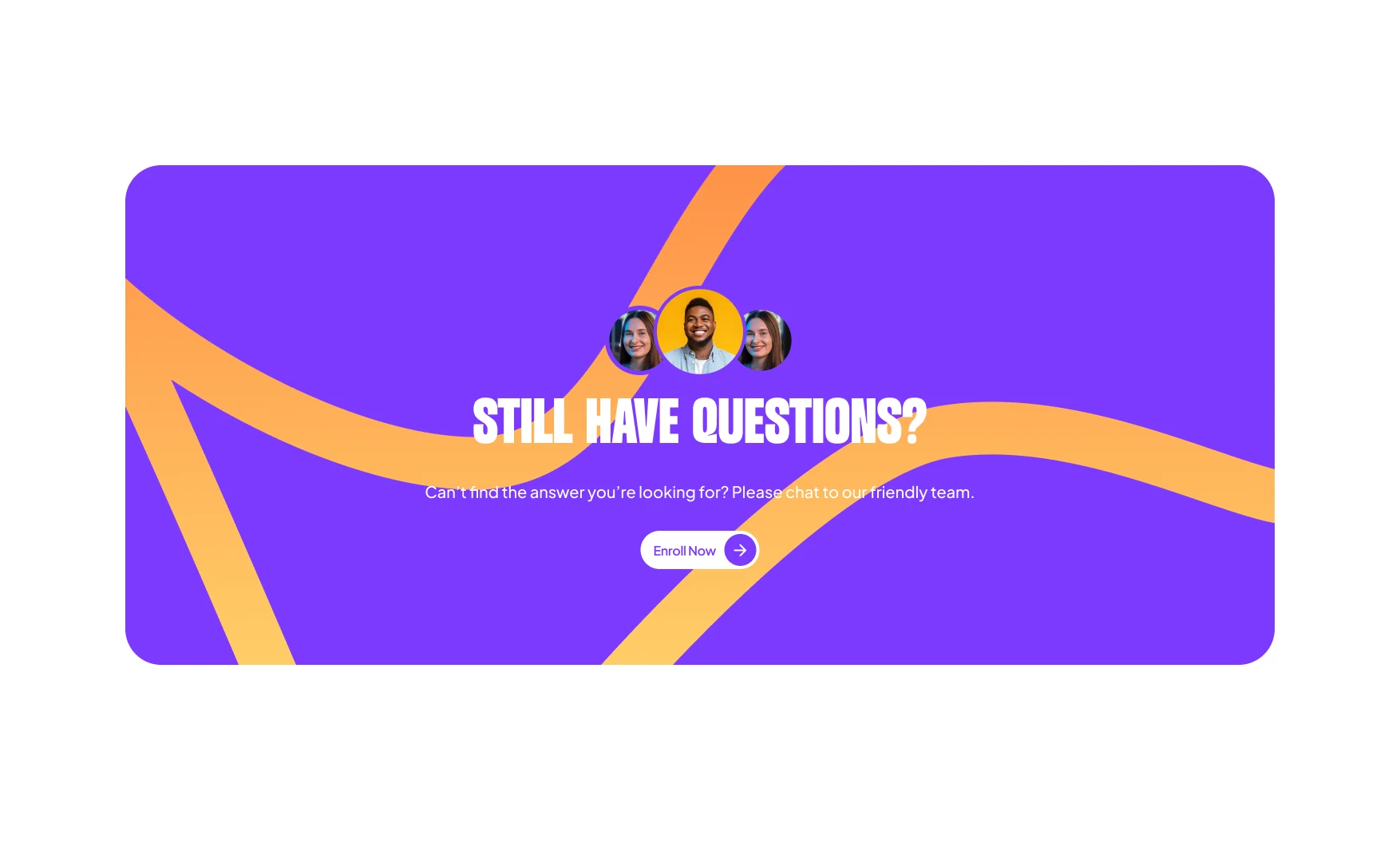 The closing section on purple with orange curves behind three team portraits and an enrol button