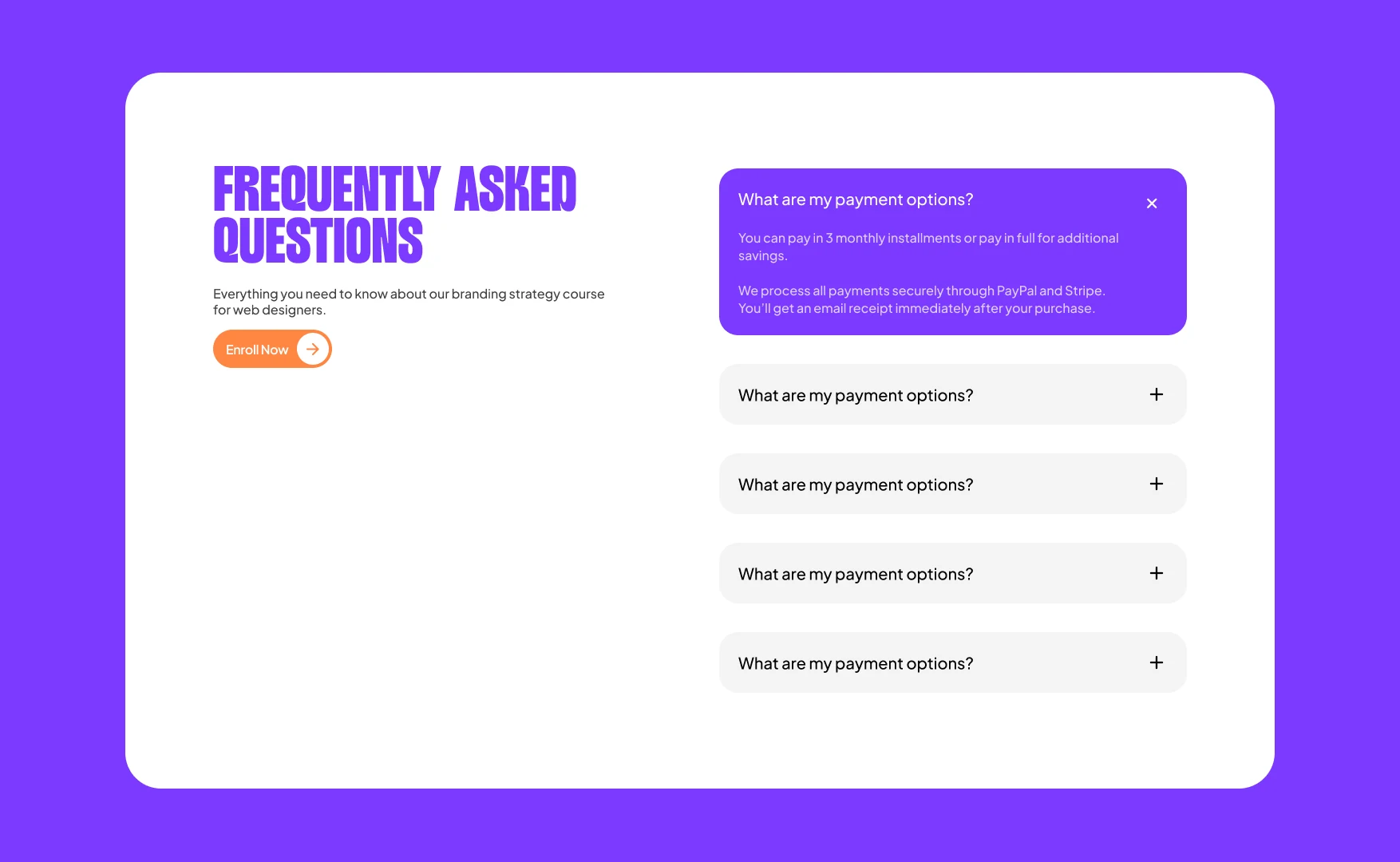 A frequently asked questions accordion with the payment options answer open