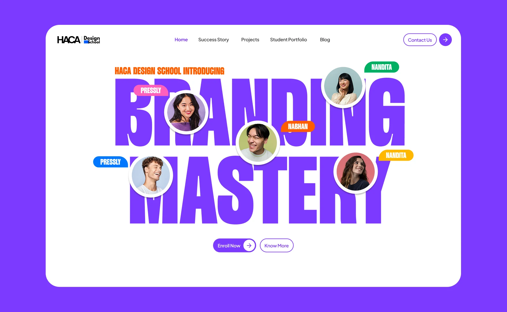 The hero: HACA Design School introducing Branding Mastery, in heavy purple display type with student portraits set into the letters