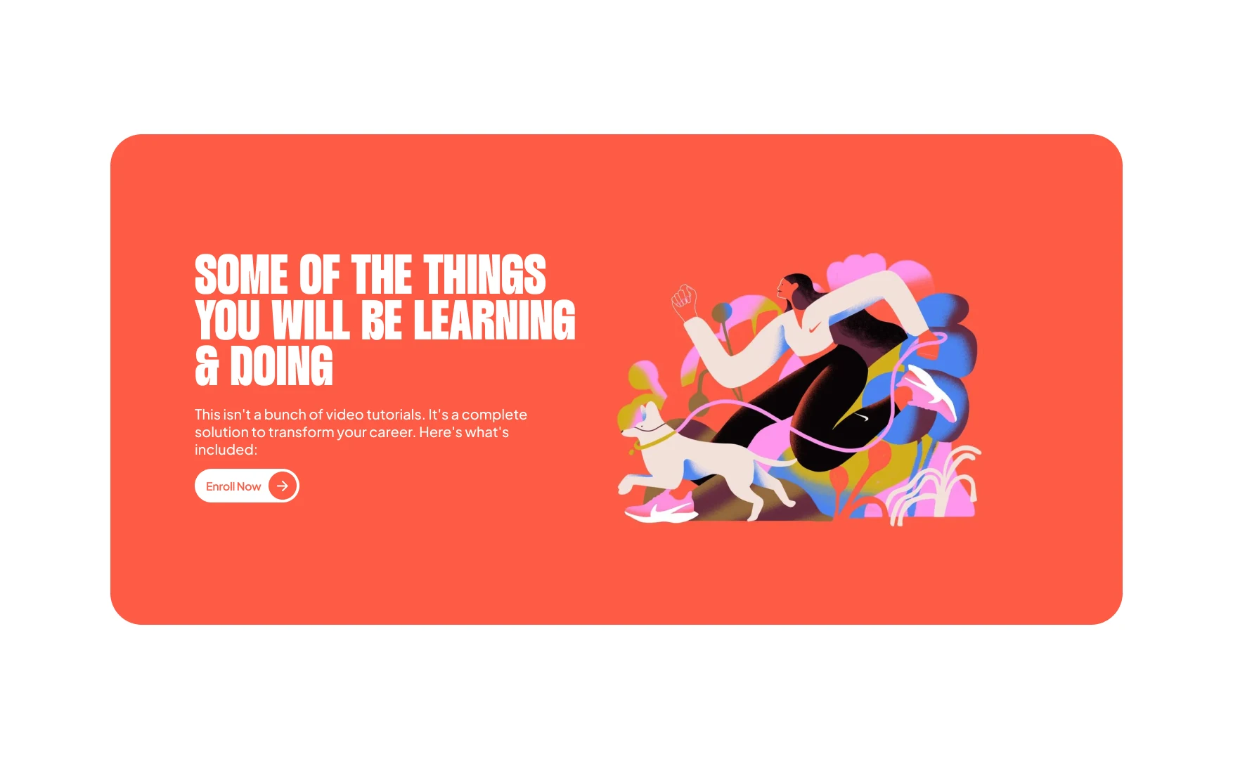 Some of the things you will be learning and doing, on red with an illustration