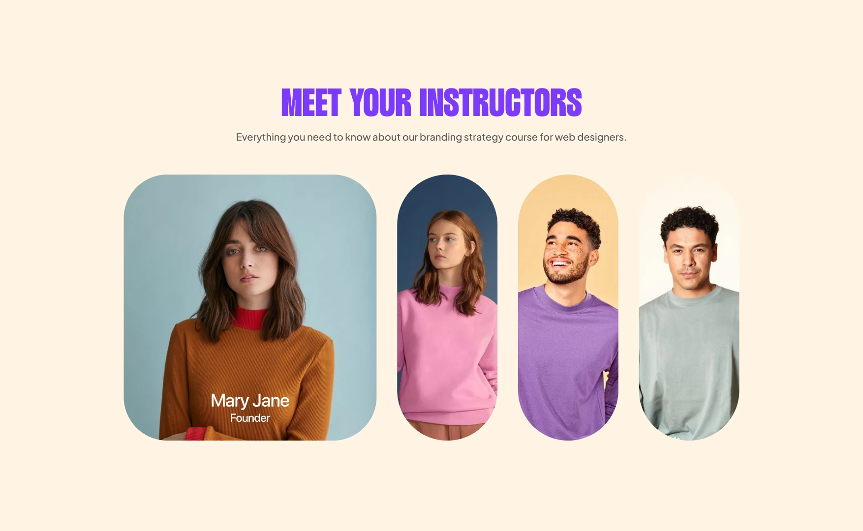 The instructors section with a large founder portrait beside three smaller ones