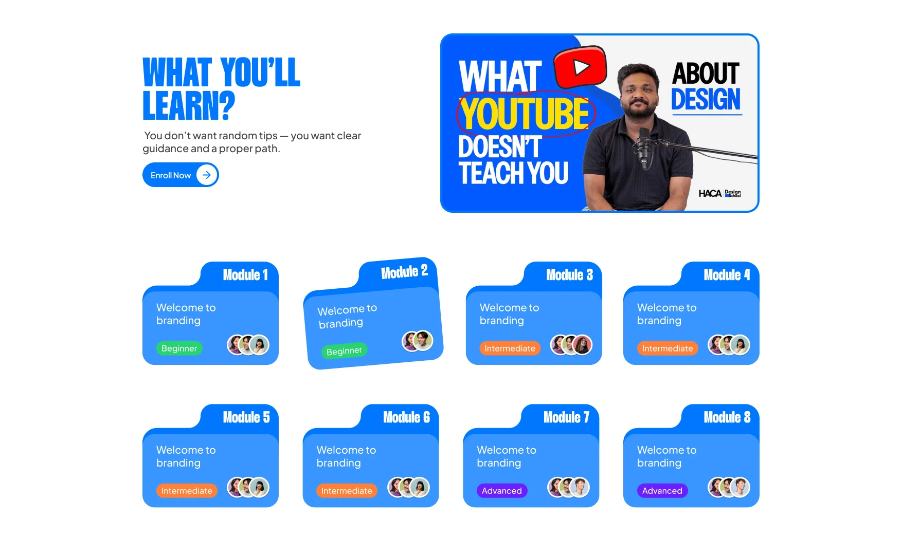 What you will learn, with eight numbered module cards showing level and instructors beside a video thumbnail
