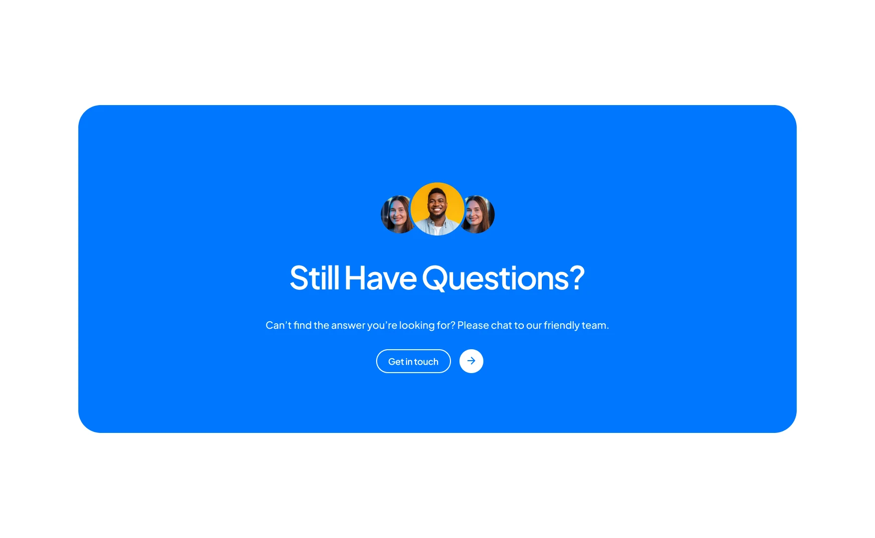 The closing section as a plain blue rectangle with three portraits and a get in touch button